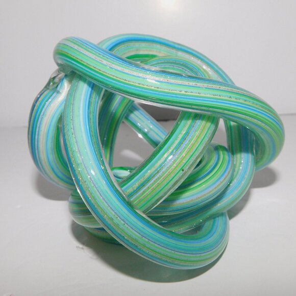 Endless Knot Blown Glass Paperweight Home Desk Decor Green Blue Aqua Gold - Picture 5 of 7